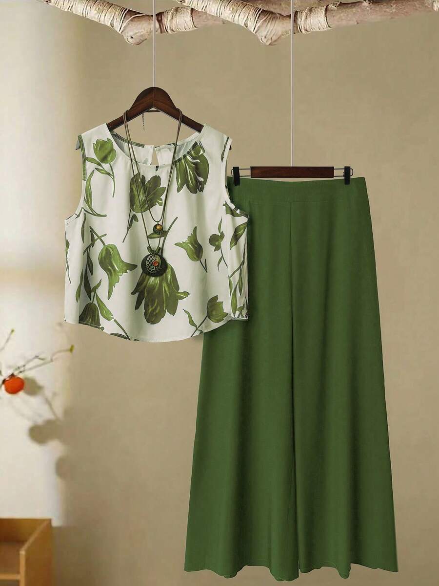Linhara Plus Size Casual Rund Hals Ärmlös Heltäckande Mönster Sommar Bekväm Linnestruktur 2-delat Set - Grön - Visa 1
