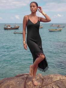 CAJUNI Đầm midi nữ phối ren, kiểu dáng thường ngày, thích hợp cho kỳ nghỉ, đi biển. - màu đen - Xem 4