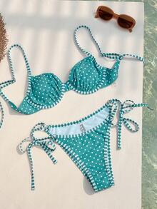 Swim Mod Bộ bikini hai mảnh gợi cảm, dây mảnh, hở lưng, họa tiết chấm bi, thời trang Xuân/Hè 2026 dành cho nữ. - màu xanh lá - Xem 2