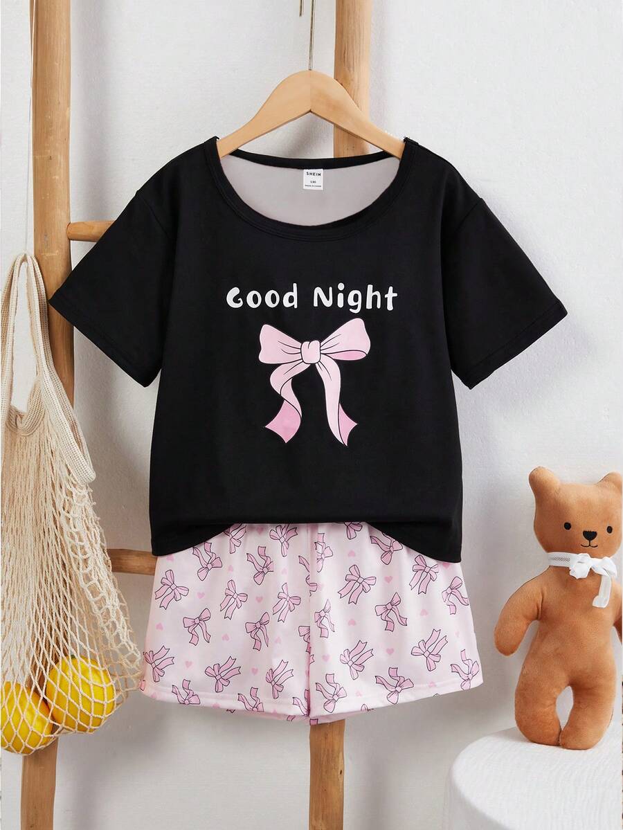 Conjunto de pijama de pantalón corto y manga corta con estampado de lazos para niñas - Negro - Ver 1