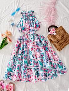 SHEIN Đầm không tay cổ yếm khoét eo họa tiết retro cho bé gái tuổi teen, thích hợp cho kỳ nghỉ hè ở bãi biển. - Nhiều màu - Xem 3