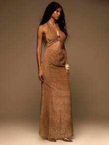 MUSERA Textured Halterneck Cut Out Straight Fit Maxi Dress Spring Summer Elegant Vacation Holiday Ibiza Club Occasion Sexy Evening Wedding Guest Sunset Kiss - Camel - View 3