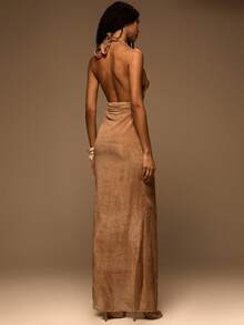 MUSERA Textured Halterneck Cut Out Straight Fit Maxi Dress Spring Summer Elegant Vacation Holiday Ibiza Club Occasion Sexy Evening Wedding Guest Sunset Kiss - Camel - View 4