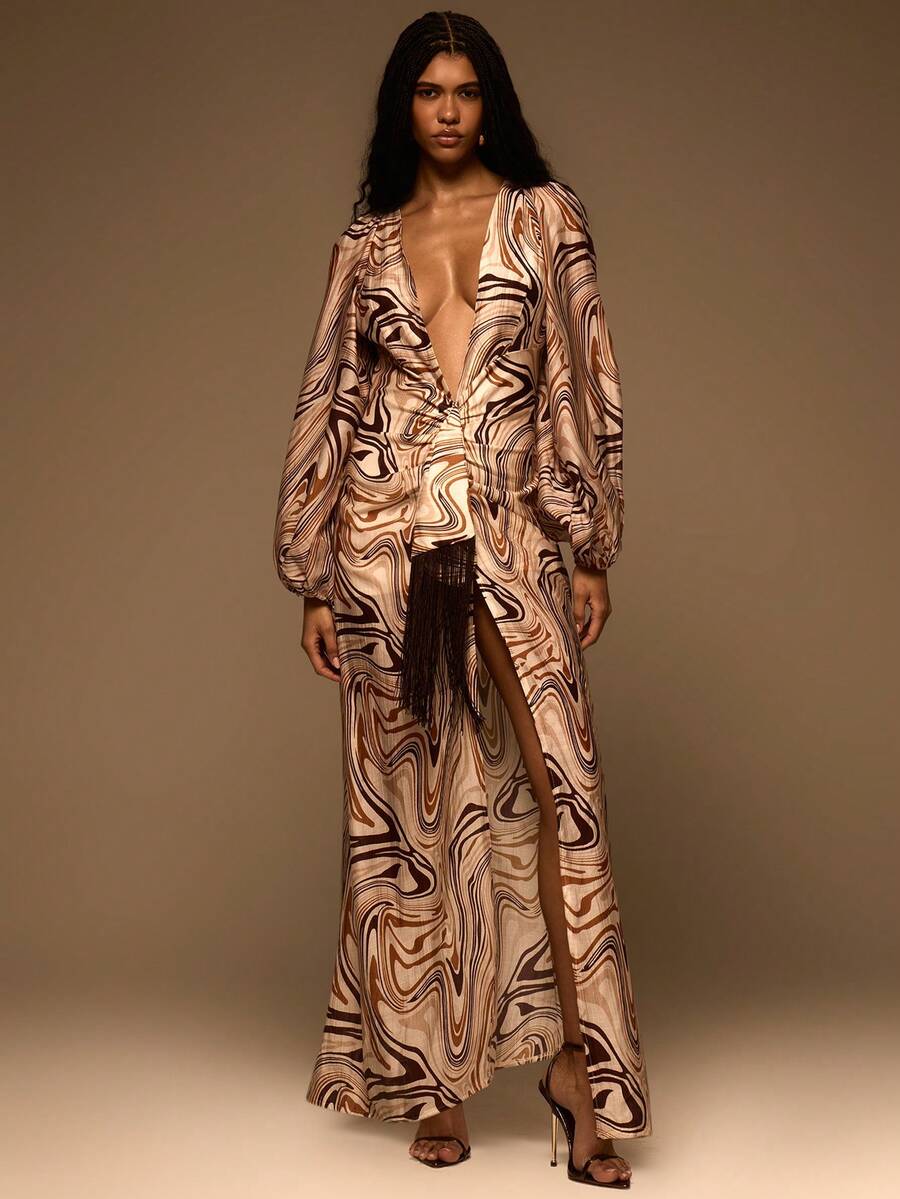 MUSERA Swirl Printed Chiffon Plunge Neckline Fringed Drape Long Sleeve Maxi Dress,Beige,Autumn,Seductive,Night Out Elegant Vacation Ibiza Club Wedding Guest - Multicolor - View 1