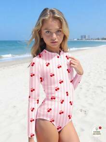 少女休闲简约圆领长袖连体泳衣，适合夏季穿着 - 彩色 - 查看 1