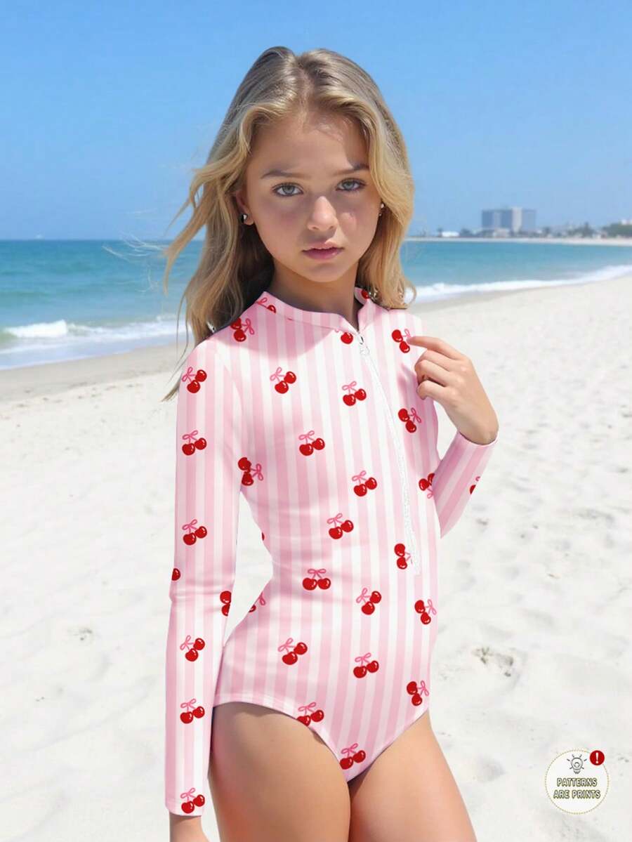 少女休闲简约圆领长袖连体泳衣，适合夏季穿着 - 彩色 - 查看 1