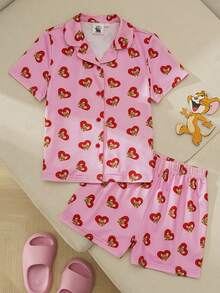 TOM & JERRY X SHEIN Young Girl Heart & Cartoon Print Button Front Short Sleeve Top And Shorts Pajama Set - Pink - View 1