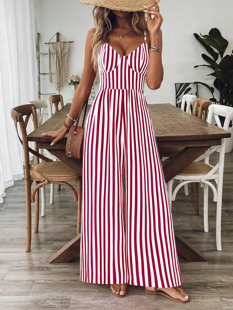 Breezaya Women's Casual Floral Print Loose Jumpsuit With Spaghetti Straps And Open Back, Spring/Summer - Red - View 4