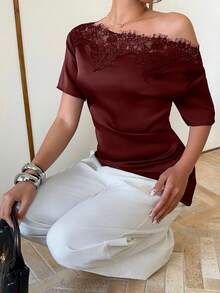 Siren Gaze Women's Lace Patchwork Satin Blouse With Asymmetrical Shoulder Neckline - Burgundy - View 5