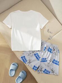 LOONEY TUNES X SHEIN Tween Boy Cartoon Letter Print Crew Neck Short Sleeve Top And Shorts Casual Loungewear Set - Multicolor - View 2