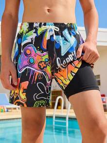 SHEIN 青少年男童休闲百搭舒适电子游戏及街头图案印花拼接宽松内衬泳裤沙滩裤 - 黑色 - 查看 9