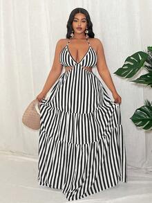 Slaydiva Plus Size Summer Casual Vacation Striped Hollow Out Halter Dress - Black - View 3