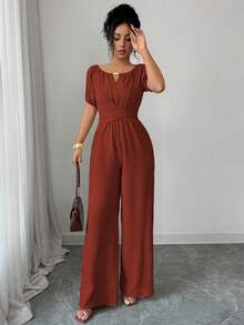 Rafferiza 女士优雅卡其色通勤木珠装饰圆领扭腰长袖阔腿连体裤 - 紅木色 - 查看 7