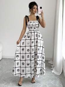 SHEIN Robe camisole à col carré imprimé floral pour femmes avec ceinture nouée, silhouette évasée, taille élastique, charmante, élégante, douce et mignonne. Convient pour le quotidien, les vacances, les déplacements, les sorties mode, le style de rue français, polyvalente et rétro. Manches courtes, longueur mi-mollet, imprimé floral noir et abricot. Nouvelle arrivée. - Multicolore - Voir 3