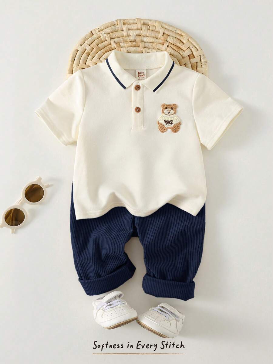 Cozy Pixies 2 Peças Conjunto de Moletom com Zíper Parcial de Manga Longa e Estampa de Urso Cartoon para Menino Bebê e Calça Elástica de Cor Sólida - Azul marinho - Visão 1