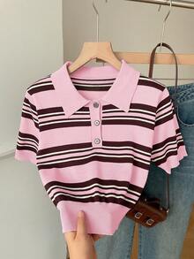 SHEIN EZwear 女士休闲日常条纹多色毛衣 - 粉色 - 查看 6