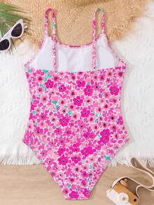 Traje de baño de una pieza con estampado floral para niñas - Rosa - Ver 2