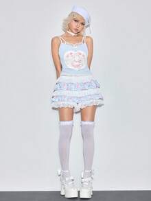 ROMWE Kawaii 女士可爱兔子蝴蝶结印花二合一套装 - 藍色 - 查看 2