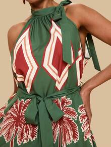 Travachic Plus Size Bohemian Style Apricot Retro Print Halter Dress With Belt, Loose Casual Resort Wear - Green - View 7