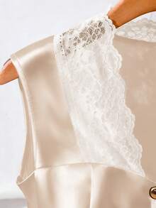 GlowEve Satin Fabric V-Neck Sleeveless Pleated Chest Shirt With Front Button Closure, Elegant Romantic Luxurious Refined Office Wear Blouse For Women, White Summer Top - Apricot - View 4