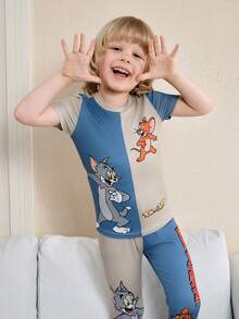 TOM & JERRY X SHEIN 男童圆领短袖休闲可爱印花修身夏季睡衣 - 卡其色 - 查看 4