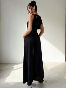 Firerie Damen eleganter minimalistischer Casual Pendler Alltags-Look, Leinen farbiges Jumpsuit mit drapiertem Kragen und weitem, geradem Bein, geeignet für Lehrer, Urlaub - Schwarz - Übersicht 10