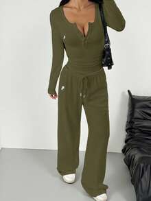 SHEIN EZwear Trang phục thường ngày bằng vải dệt kim màu xanh ô liu dành cho nữ - xanh quân đội - Xem 5
