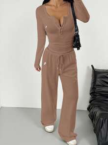 SHEIN EZwear 咖啡棕色针织上衣和裤子女士休闲日常装 - 咖啡棕 - 查看 5