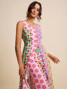 LOTSLUV Bộ đồ nữ mùa xuân/hè gồm áo maxi dài không tay xẻ tà cổ tròn in họa tiết màu pastel và quần dài in họa tiết (2 món). - Nhiều màu - Xem 3