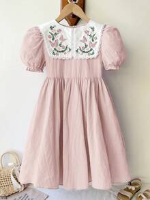 SHEIN Tween Girl Loose Casual Petal Sleeve Floral Pattern Embroidered Midi Dress Tween Girl - Pink - View 4