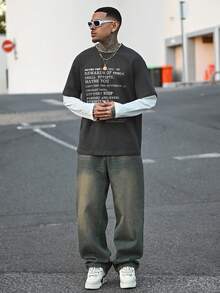 男士针织休闲日常年轻一代英文印花拼接宽松长袖T恤，夏季、上学、秋季、情侣装 - 灰色 - 查看 4