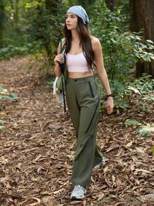 In My Nature 女士高腰拉链口袋阔腿徒步裤 - 軍綠色 - 查看 4