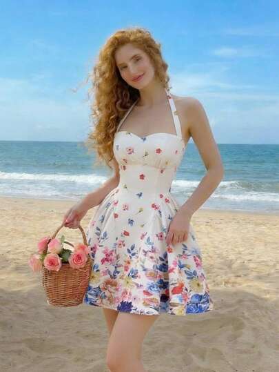 SHEIN MOD Vestido curto feminino com estampa floral e decote halter, estilo férias.