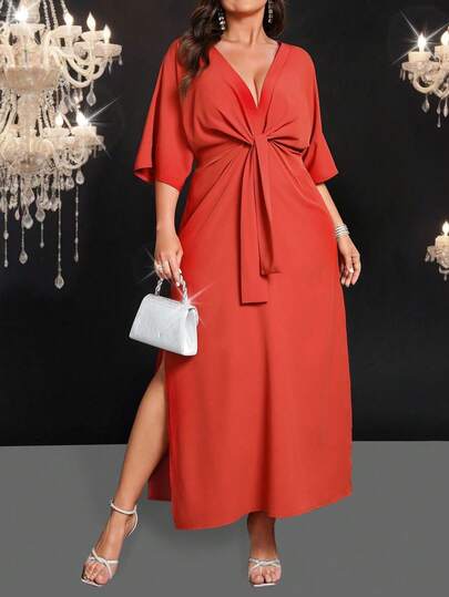 SHEIN Belle Đầm dài cổ chữ V thắt eo dành cho phụ nữ cỡ lớn