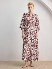 Ocili Bata cómoda y minimalista de mezcla de algodón con estampado de cadena, con cinturón de amarre, ropa de dormir para mujer, elegante para otoño - Color caoba - Ver 7
