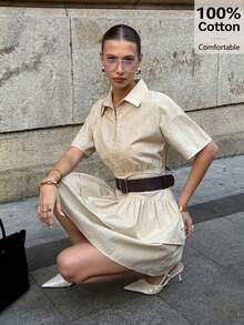 Siren Gaze Women's Daily Wear Double Ruffle Hem Shirt Dress, Women's Summer Casual Dress, 100% Cotton, Cream Yellow, Vacation Outfit, Graduation Dress, Cotton Linen Summer Casual Wear, Tiered Dress, Beige Dress For Women, Drop Waist Dress,Linen Dress, Cotton Dress, Birthday Dress - Apricot - View 5