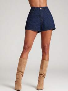 NYA SZN 女士夏季休闲通勤时尚菱形纹理牛仔短裤 - 深色水洗藍 - 查看 6