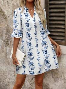 EMERY ROSE Blue & White Floral Plus Size Dress, Suitable For Summer - Multicolor - View 1