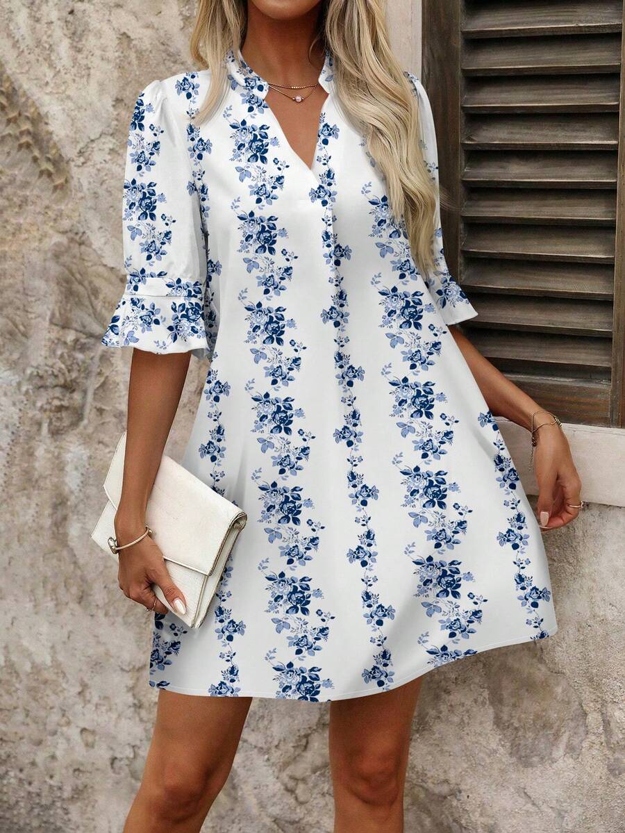 EMERY ROSE Blue & White Floral Plus Size Dress, Suitable For Summer - Multicolor - View 1