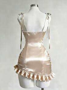 Franclia Đầm mini ôm sát gợi cảm bằng satin màu sâm panh dành cho nữ. - Rượu sâm banh - Xem 2