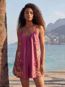 CAJUNI Locker sitzender Romper mit boho-chic Blumenmuster. - Rot-violett - Übersicht 4