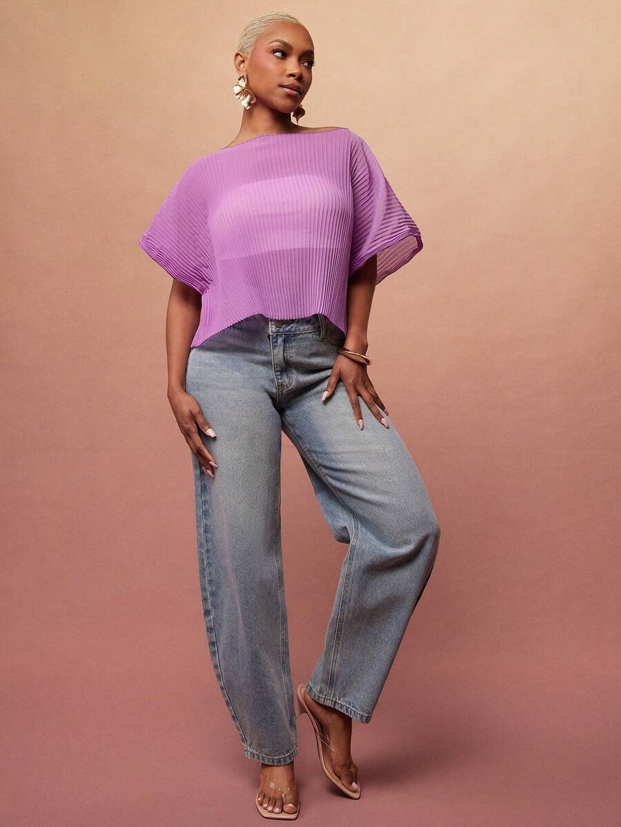 Vixey Áo tay ngắn dáng suông, xếp ly mỏng bằng vải chiffon. - Màu tím hoa cà - Xem 1