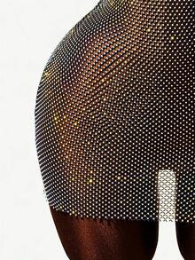 VaVaBold Vestido de malla de rejilla con nudo sin espalda y escote halter sin espalda con detalle de tachuelas de diamantes de imitación sin Set De lencería - Negro - Ver 5