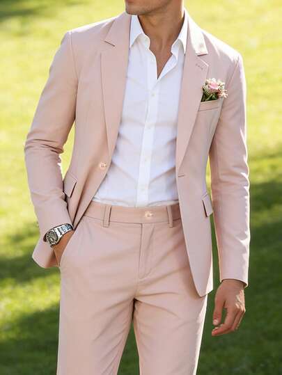 Manfinity Bizformal 男士香槟粉色商务西装套装，成熟绅士风格，春夏款