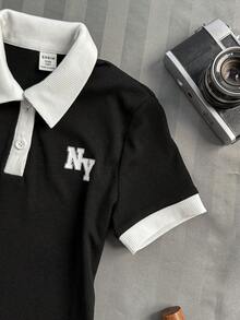 Tween Girl Casual School Daily Black & White Contrast Color Collared Snug Fit Dress With NY Print - Black and White - View 4