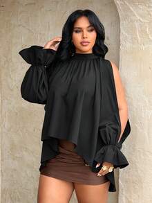 Rustia Blusa asimétrica informal con hombros descubiertos, talla grande, para primavera/verano - Negro - Ver 5