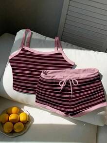 Comfortcana 休闲简约复古优雅通勤百搭暖棕色和粉色条纹印花图案，沙滩/度假套装，女士夏季两件套露脐上衣和短裤 - 彩色 - 查看 4