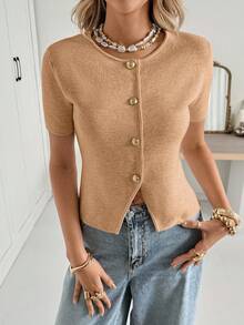 Siren Gaze Áo khoác cardigan ngắn tay cài nút dáng thường ngày dành cho nữ - Màu be - Xem 7