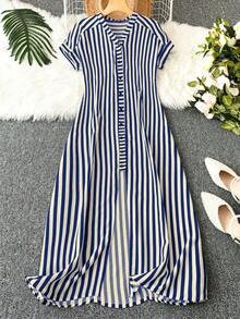 Omancia Vestido largo con abertura alta y rayas para mujer - Azul - Ver 1