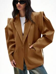 GENKIRA Áo blazer dáng rộng, thoải mái, đa năng, phù hợp đi làm, vai rộng, có dây rút trang trí, màu trơn. - màu nâu - Xem 3